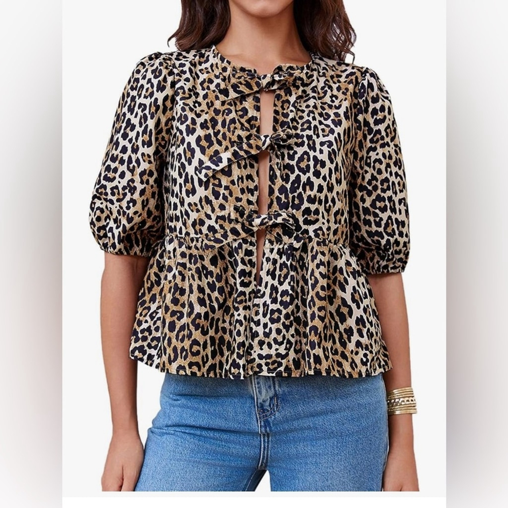 NEW Leopard Tie Front Peplum Babydoll Puff Short Sleeve Blouse Shirt M